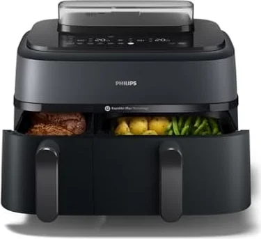 Philips Steam Airfryer 5000 Heißluftfritteuse, Schwarz, 9 L | 2 Körbe, Dampfgaren & Frittieren, SteamFry, RapidAir Plus Technologie, 12 Kochfunktionen, HomeID App (NA550/00)