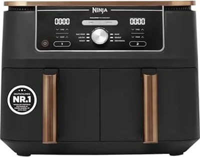 Ninja Foodi MAX Dual Zone Heißluftfritteuse, 9,5 L, 6-in-1, Kupfer/Schwarz | 2 Fächer, mit Zange, Antihaftbeschichtung, spülmaschinenfeste Körbe, Amazon Exklusiv - AF400EUCP