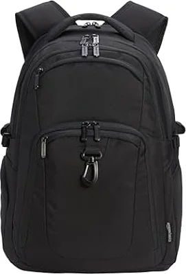 Amazon Basics Laptop Rucksack für 43,2cm (17 Zoll) Laptop, Wasserabweisend, mit Gepäckgurt und Brustgurt, für Reisen, Schule oder Büro, Schwarz