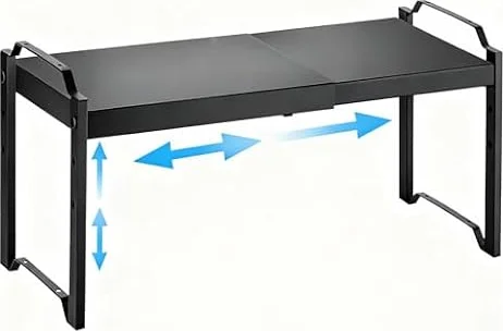 NATISSTEKE Erweiterbares Küchenschrank Organizer, Metall Küchenregal Arbeitsplatte, Vielfältiges Schrank-Organizer Küche, Gewürzregal, Verstellbarer Schrankregal für Küche Bad und Büro (Schwarz)