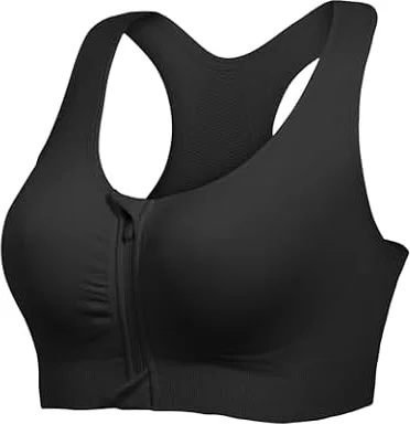 Lemef Sport BH Damen mit Reißverschluss Vorne Ohne Bügel Sports Bra Fitness Yoga Schwarz L