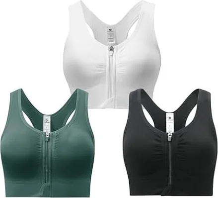 SPORME RUNNING Damen Sport-BH mittlerer Halt Vorderverschluss mit Ringerrücken herausnehmbaren Polstern und Doppelhaken für Yoga Lauf Joggen Reiten und Fitness(Schwarz Weiß Grün)