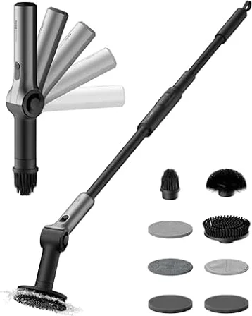 HOTO Flexi™ Elektrische Reinigungsbürste, LED-Anzeige, Bad Putzbürste, IPX7 | Verstellbarer Winkel, Verlängerungsstiel, Hohe Leistung mit 8 Wechselbürstenköpfe für Bad, Fliesen, Böden, Auto