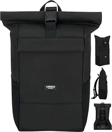 LARKSON Rucksack Herren & Damen Schwarz - No 4 | Rolltop Backpack mit Laptopfach Uni, Arbeit & Fahrrad, Großer Reiserucksack, Wasserabweisend