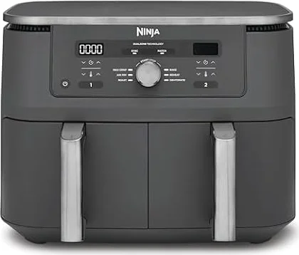 Ninja Dual Zone digitale Heißluftfritteuse, 9,5 L, 6-in-1, Metallic Grau | 2 Schubladen, Heißluft-Frittieren, Max Crisp, Rösten, Backen, Aufwärmen, spülmaschinenfeste Körbe - DZ400EU