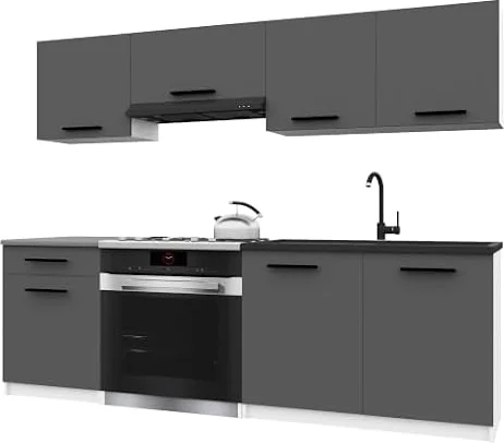 Belini ITALIA 1 Küchenzeile Küchenblock 180cm Grau Matt | Küchenset als gerade Küchenzeile, weiße Korpusse, DECOR ECONATURA Material, kratzfest, ohne Elektrogeräte, mit Arbeitsplatte