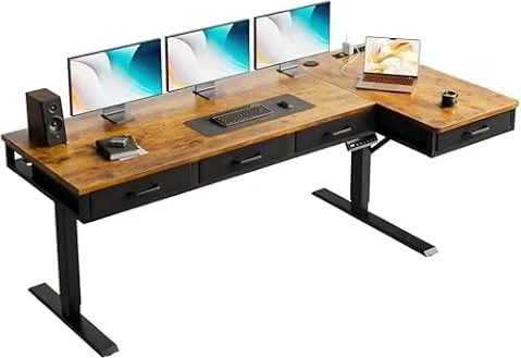 OffiGo Eckschreibtisch Höhenverstellbar mit 4 Schublade, 160 x 80cm, Braun | Höhenverstellbarer Schreibtisch mit Steckdose, Elektrischer Tisch L Form mit Schubladen für Büro und Arbeitszimmer