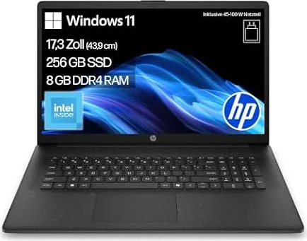 HP Laptop, 17,3" HD+, Intel N200, 8GB RAM, 256GB SSD | Zuverlässiges Notebook mit großem Display für Alltag, Office, Surfen und Streaming, QWERTZ, Schwarz