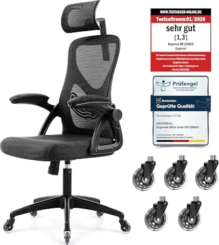 Ergoreal Bürostuhl ergonomisch mit Kopfstütze – Schreibtischstuhl Netz 200kg (Tiefe Schwarz)