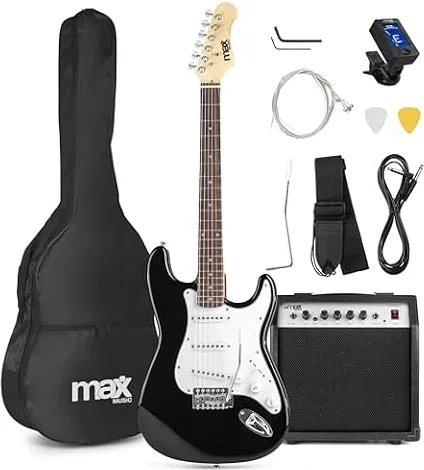 MAX GigKit E Gitarre Set, Guitar, Gurt, mit Verstärker 40 Watt, Schwarz