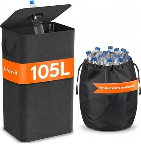 Lifewit 105L Pfandflaschen Sammelbehälter mit Deckel, Dunkelgrau | Leergut Sammelbehälter mit herausnehmbarem Innenbeutel und Flaschenöffnung, faltbarer Pfandsammler für Küche und Abstellraum