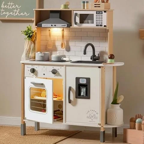 Tiny Land Kinderküche Spielküche Holz Kinder Küche mit Licht & Sound | 3-Fach Höhenverstellbare Puppenküche mit 18-TLG Zubehör Set, Montessori Holz Spielzeug Küche für Jungen & Mädchen, Weißa