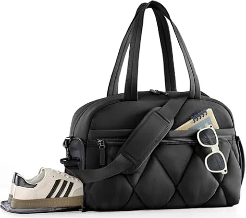 Lekespring Sporttasche Damen, Puffer Reisetasche, Weekender mit Schuhfach | Übernachtungen, Sport, Krankenhaus, Persönliche Gegenstände, Wasserabweisend, mit Nassfach, Schwarz, 42×20×30 cm, 24L
