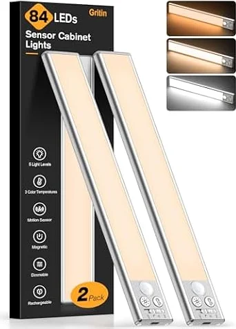 Gritin 26cm Schrankbeleuchtung Unterbauleuchte Küche Motion-Sensor, 2 Stück | Superhell Küche Licht 1800mAh Aufladbar,3 Farbe&5 Helligkeit,4 Modi,Einfach Montage Stark Magnet Schranklicht