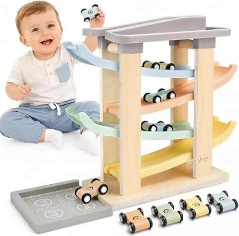Joyreal Kugelbahn Baby Holz - Montessori Auto Spielzeug 1 2 Jahr, Kugelbahnen Holzspielzeug Kinderspielzeug Geschenk zum 1. Geburtstag Junge Mädchen Baby