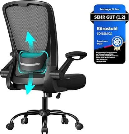 SONGMICS Ergonomischer Bürostuhl mit klappbaren Armlehnen, höhenverstellbar | Stuhl höhenverstellbar, 64x64x(110-118)cm, Wippfunktion, verstellbare Lendenstütze, 53 cm große Sitzfläche, Tintenschwarz