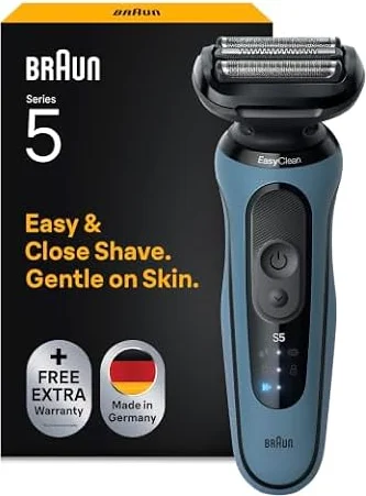 Braun Rasierer Herren Elektrisch Series 5, Rasierapparat, 52-A1000s, Blau | Kabelloser Elektrorasierer, Barttrimmer mit 50 Min. Akku, Wasserdicht, Made in Germany, Inkl. Schutzkappe, Reinigungsbürste