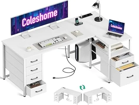 Coleshome Eckschreibtisch mit 6 Stoff Schubladen, 140×80 cm, Weiß | Gaming Schreibtisch mit Steckdose & USB, L-Förmiger Ecktisch, Reversibel, für Homeoffice & Büro