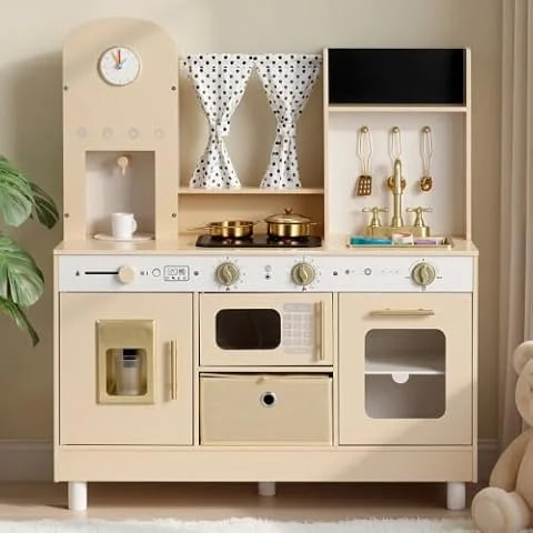 VEVOR Spielküche für Kinder, Moderne Kinderküche mit Licht & Sound, Holzküche mit Herd Backofen Spüle Mikrowelle Eisspender & Getränkespender, Küchenspielzeug mit Kochset für Kinder ab 3 Jahren, Beige