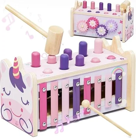 Lehoo Castle Montessori Spielzeug ab 1 Jahr, Rosa Hammerspiel für Mädchen | Xylophon, Zahnräder, Motorikspielzeug, Aufbewahrung für zwei Schlägel, Geschenk für Mädchen ab 1 Jahr, Einhorn-Design