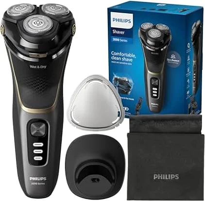 PHILIPS Shaver Series 3000 – Elektrischer Rasierer für Herren, Nass- und Trockenrasur, Schwarz, mit SkinProtect-Technologie, ausklappbarem Bartschneider, Ladestation und Reisetasche (Modell S3342/13)