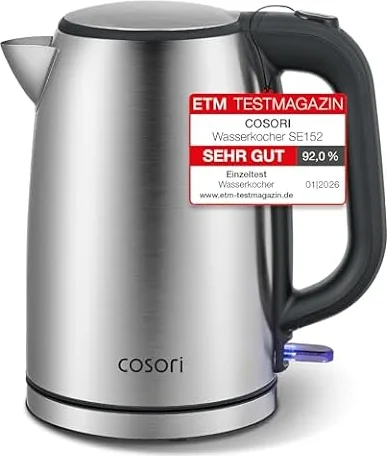 Cosori Wasserkocher Edelstahl, Ohne Kunststoffkontakt, 1,7 L, 2200W, LED | BPA-freier Wasserweg, Strix-Technologie, Große Öffnung, schnelles Kochen, Abschaltautomatik, Silber-Schwarz, ideal für Tee