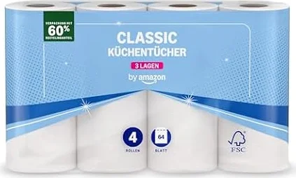 by Amazon Küchenrolle, 3-lagig, 4 Rollen (4 Rollen, 1-er Pack), 64 Blätter pro Rolle, FSC-Zertifiziert