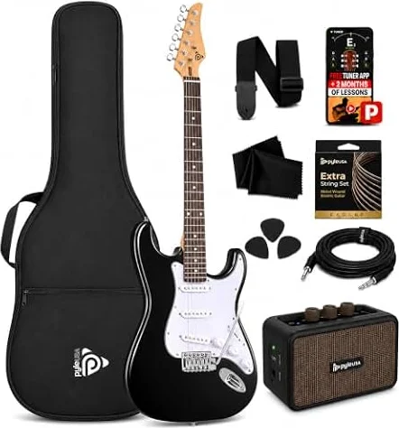 Pyle E-Gitarre Set Anfänger, ST-Gitarrenset mit 5W Verstärker, Gigbag, Gurt und Plektren, 22 Bünde, Schwarz