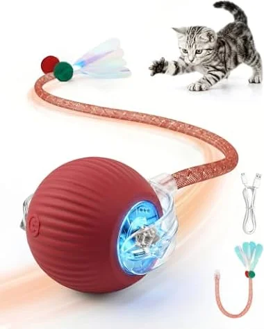 Interaktives Katzenspielzeug Ball, Elektrischer Katzenball Für Drinnen | Katzenspielzeug Mit Schwanz, 3 Spielmodi, Automatischer Ballwurf, USB-C Aufladung, Interaktives Spielzeug Für Katzen (Rot)