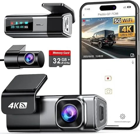 Dashcam Auto Vorne Hinten 4K+1080P, 5GHz WiFi Dash Cam mit 32GB SD Karte
