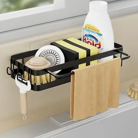 Bonhoom Spülbecken Organizer Küche Schwammhalter, Küchen Spüle Organizer mit Spültuchhalter und Zwei Haken, Metalle Hängender Kitchen Badezimmer Organizer Schwarz - ohne Bohren