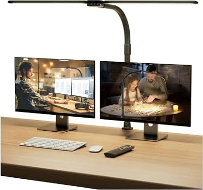 SIBRILLE Schreibtischlampe LED, Doppelkopf Schreibtischlampe Dimmbar, Klemmbar Desk Lamp für Büro, Augenschutz Monitor Lampe Tageslichtlampe, PC Lampe Tischlampe mit Schwanenhals, Schwarz
