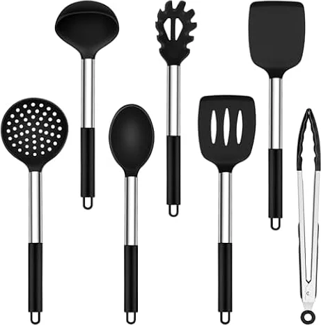Onader 7 Stück Küchenhelfer Set, Silikon Küchenutensilien Schwarz | Antihaft Kochbesteck Set mit Edelstahlgriff, Sicher für Kochgeschirr, Hitzebeständiger Kochutensilien, Spülmaschinenfest