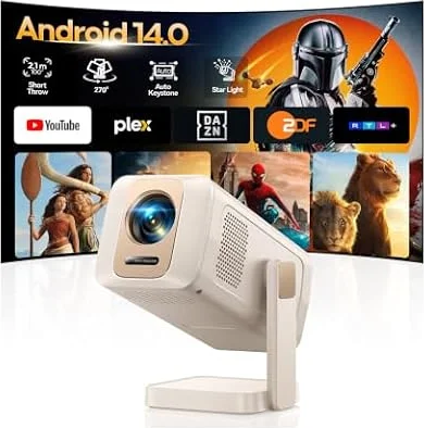 Mini Beamer [Integrierte Apps| Kurzdistanz] Smart Beamer 1080P Unterstützt | Beamer Klein Android 14 OS Sprachsteuerung Auto Trapezkorrektur Fokus Manuell WiFi6 Zwei-Wege Bluetooth 5.4 270° Handy Beamer