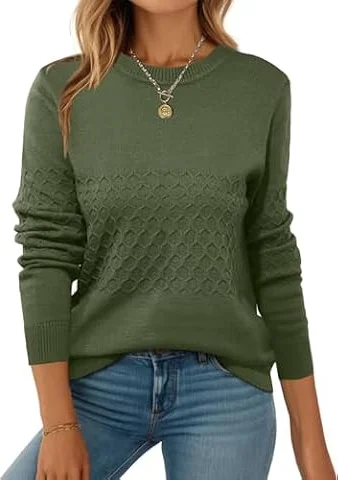 Pullover für Damen Runhals Strickpullover Langarm Pulli Herbst Winter | Pullover Damen Winter, Bienenwabe Sweater, Gerippt Rundhals, Colorblock Gestreift, Einfarbig Strickpulli, Armeegrün S