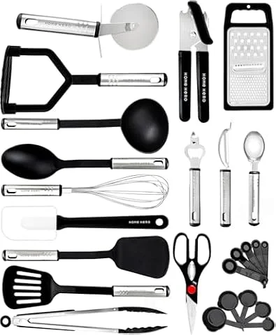 Home Hero 25-Tlg Küchenutensilien-Set aus Nylon Hitzebeständig | 25-teiliges Nylon Küchenutensilien Set, hitzebeständig & antihaftbeschichtet mit 430 Edelstahl-Griffen & Haken.
