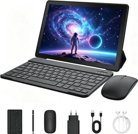 MUTSAY Tablet 10 Zoll Android 16 Tablets PC mit Schutzhülle Tastatur Maus Stift Kopfhörer Netzteil Kabel 20 GB RAM 64 GB ROM IPS 1280x800 Dual-Kamera 5 MP+8 MP 5000 mAh WiFi 6 BT 5.4 (Schwarz)