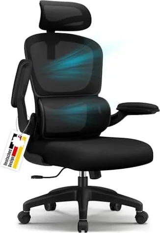 Bürostuhl, Bürostuhl Ergonomisch, Schreibtischstuhl mit Segmentierter Rückenlehne, Adaptiver Lendenstütze und 90°klappbaren Armlehnen, Schreibtischsessel Neigbar bis 135°, Office Chair mit Gummirollen
