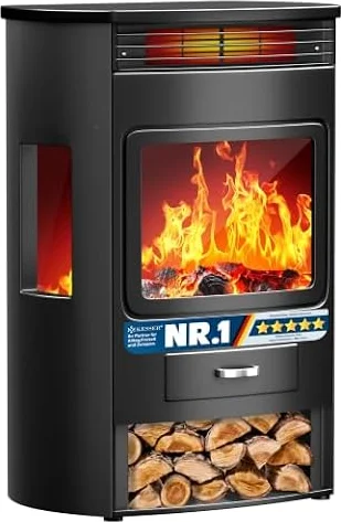 KESSER® Prio Elektrokamin mit Heizung Heizlüfter Fernbedienung WiFi App 950/1900 W Kamin elektrisch LED-Flammeneffekt Kaminfeuer mit Thermostat Panorama-Sichtfenster Heizfunktion Timer