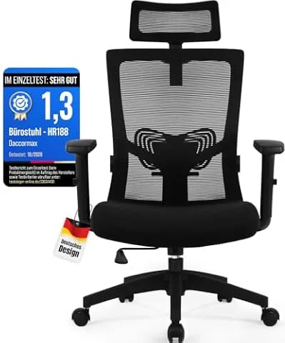 Daccormax Bürostuhl Ergonomisch, Schreibtischstuhl mit Verstellbarer Kopfstütze, Armlehnen, Lendenwirbelstütze, Drehstuhl Wippfunktion bis 135°, Chefsessel aus Mesh,Rückenschonend, Bürostuhl 150kg