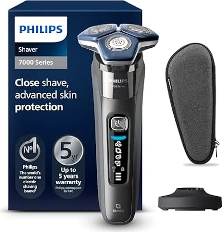 PHILIPS Shaver Series 7000 – Elektrischer Rasierer für Herren, Nass- und Trockenrasierer mit aufklappbarem Trimmer, Ladestation & Reiseetui (Modell S7887/35)