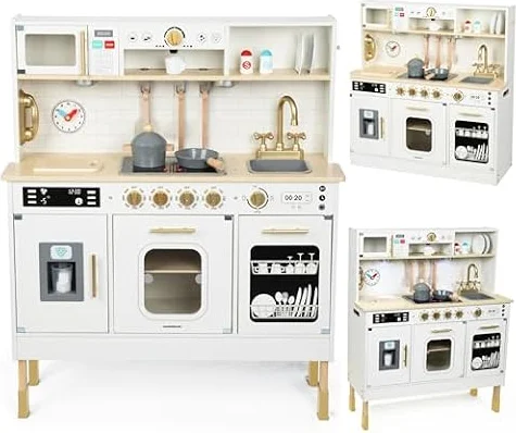 Mamabrum Holz-Kinderküche mit LED-Beleuchtung ab 3 Jahren Höhenverstellbare | Spielküche Set mit Eiswürfelbereiter, Mikrowelle, Kochfeld und Spülmaschine