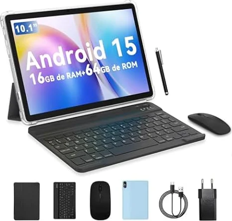 PRITOM 10 Zoll Tablet, 6-in-1 Tablets, 16 GB, 64 GB ROM, Android 15, 1024GB Expand,Qcta core, WiFi 6, 6000 Mah, Tablet PC mit Tastatur, Maus, Case,Grau