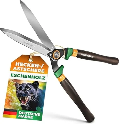 GRÜNTEK Panther Heckenschere, Hand Baumschere, Heckenschere manuell, Handheckenschere, Gartenschere, Baumschere, Astschere, Buchsbaumschere, Gartenschere lang 540mm, Wellenschliff, Eschenholzgriffe