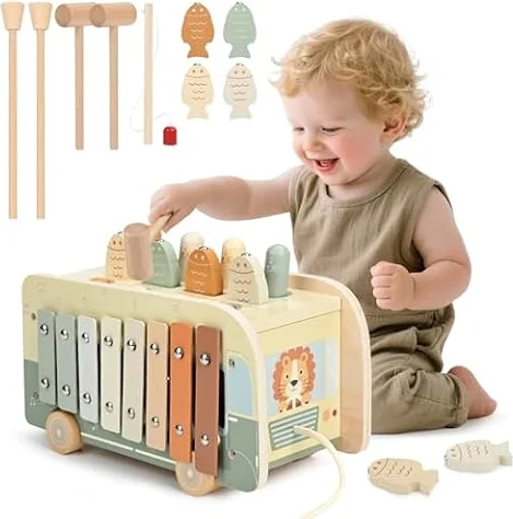 Vanplay Montessori Spielzeug ab 1 Jahr, 7 in 1 Hammerspiel Angelspiel Magnet Holzspielzeug Motorikspielzeug, Xylophon Kinder 1 Jahr, Geschenk Kinderspielzeug ab 1 2 3 Jahre Mädchen Junge