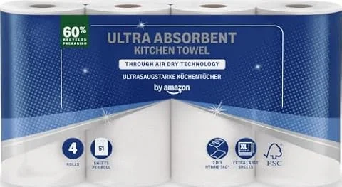 by Amazon Ultrasaugfähige TAD Küchenrolle, 4 Rollen (1er-Pack), 51 Blatt pro Rolle