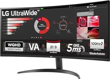 LG UltraWide™ 34WR50QK-B 34 Zoll 21:9 Curved UWQHD VA Monitor, 100Hz, HDR10, 99% sRGB, 2X HDMI 2.0, 1x DisplayPort 1.4, Schwarz