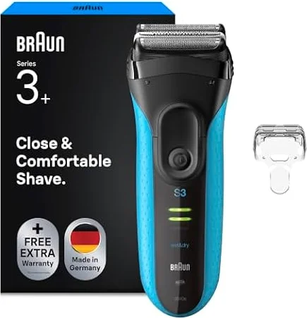 Braun Rasierer Herren Elektrisch Series 3+, Rasierapparat, 3040si, Blau | Kabelloser Elektrorasierer, 3 Flexible Klingen, Barttrimmer mit 45 Min. Akku, Wasserdicht, Made in Germany, Inkl. Schutzkappe