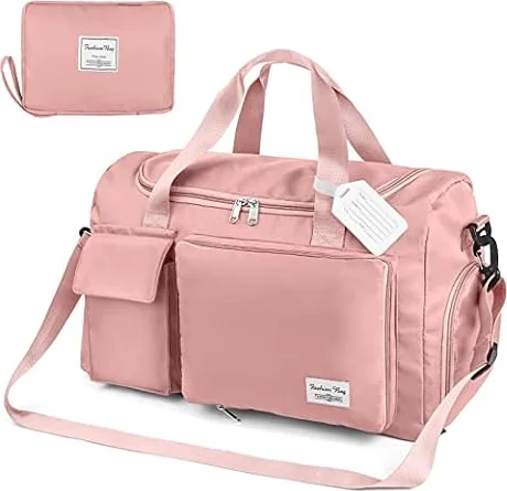 Flintronic 35L Faltbare Reisetasche Gepäcktasche Große Weekender Übernachtungstasche Urlaubstasche Wasserdicht Sporttasche für Herren Damen (mit 1 Gepäckanhänger) - Rosa