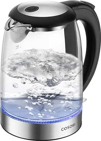 Cosori Wasserkocher Glas, Ohne Kunststoffkontakt, ideal für Tee, 1,7 L | BPA-freier Wasserweg, Strix-Technologie, 2200W, Große Öffnung, schnelles Kochen, Trockengehschutz, Abschaltautomatik, Schwarz